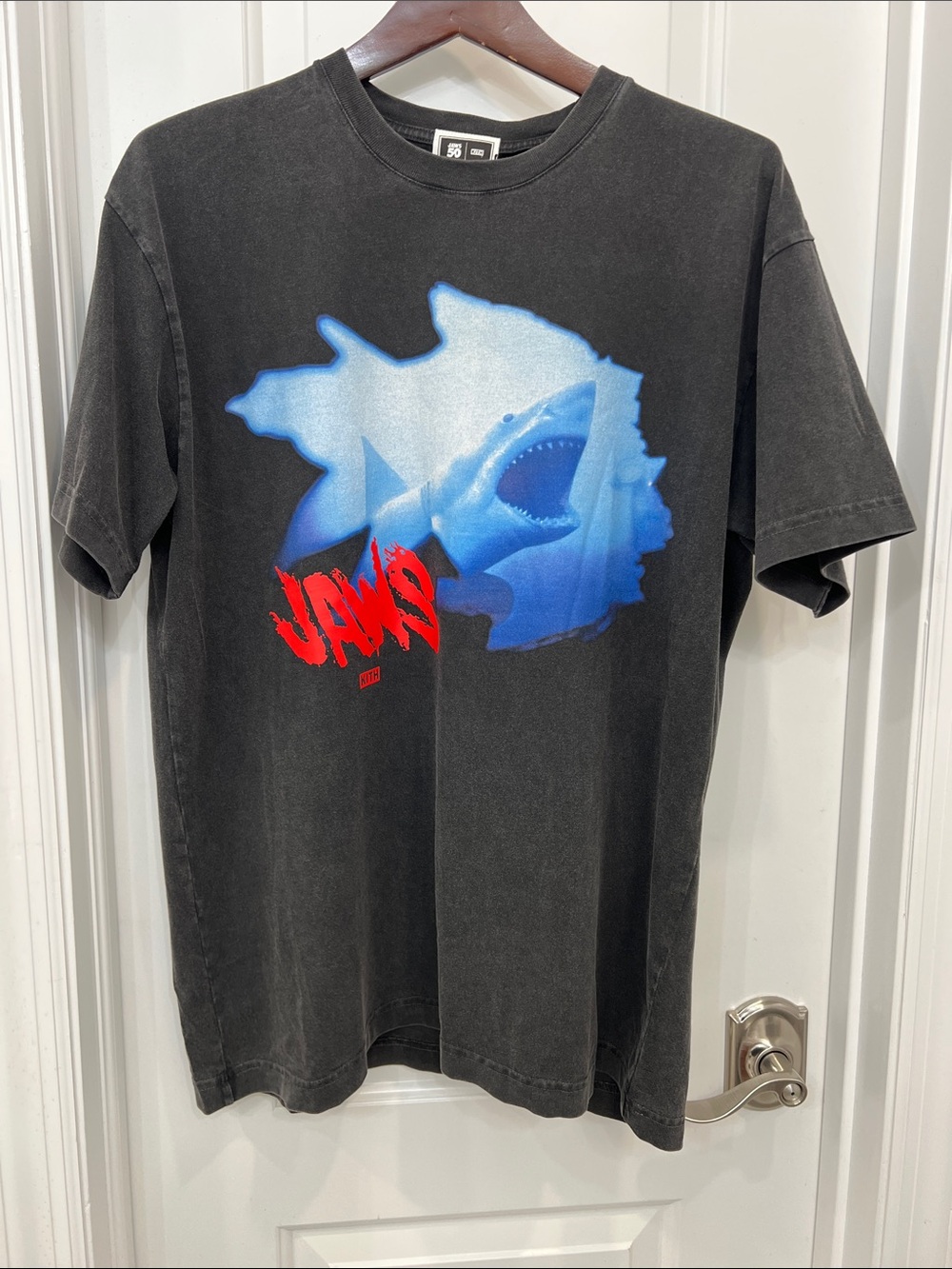 Kith Jaws Graphic Black Tee with Blue Shark and Red Logo